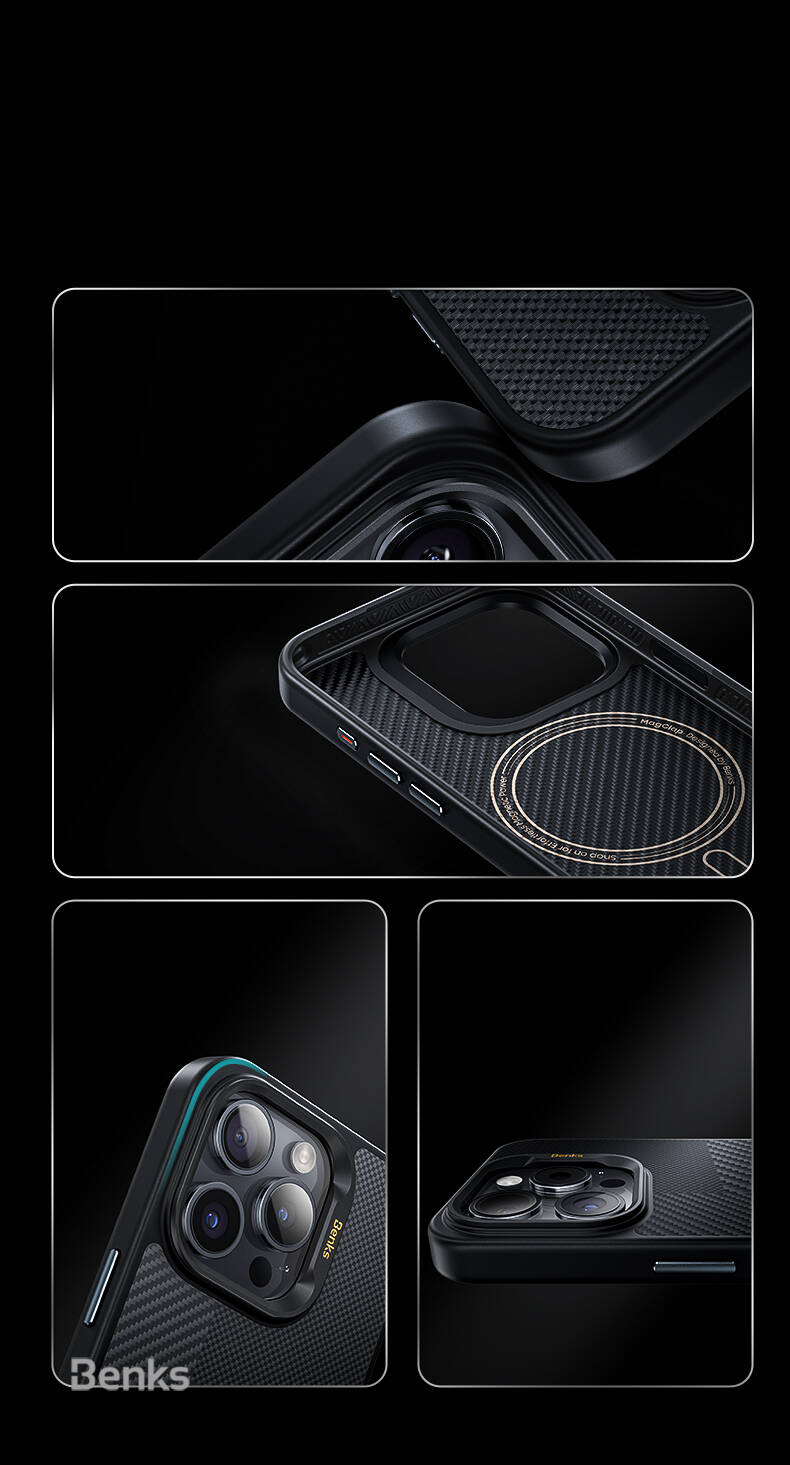 Benks Montage Hybrid ArmorPro iPhone 15 Pro M-safe Şarj Özellikli Karbon Fiber Kevlar Kılıf Benks Montage Hybrid ArmorPro iPhone 15 Pro M-safe Şarj Özellikli Karbon Fiber Kevlar Kılıf